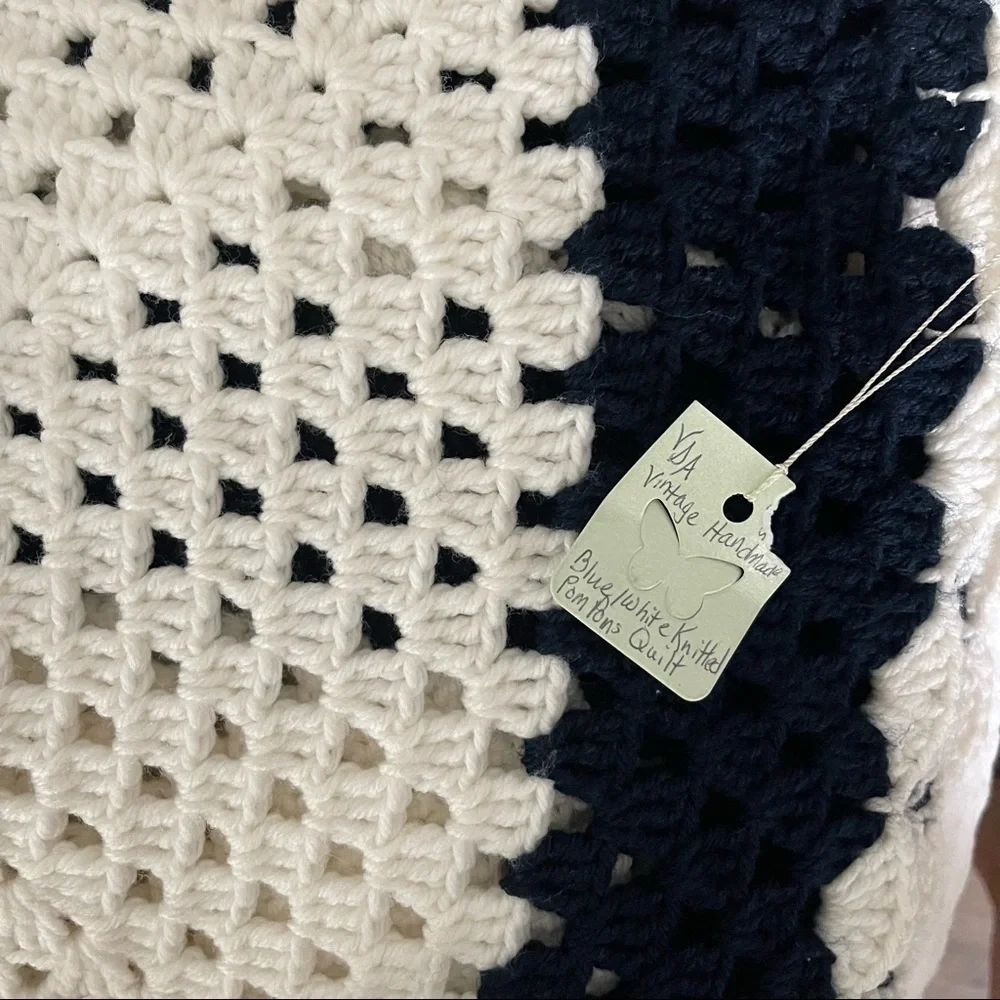 Vintage Handmade Blue White Pom Pom Granny Afghan Blanket 60x60